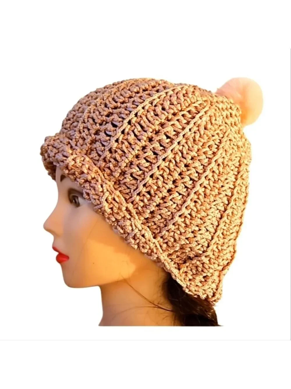Handmade Crochet Pom pom Beanie hat Pink hollow out stitch Retro Nylon Art